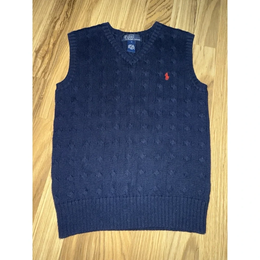 Polo Ralph Lauren Boys Sz 7 Cable Knit Sweater Vest Navy Red Stripped‎ Shirt Lot